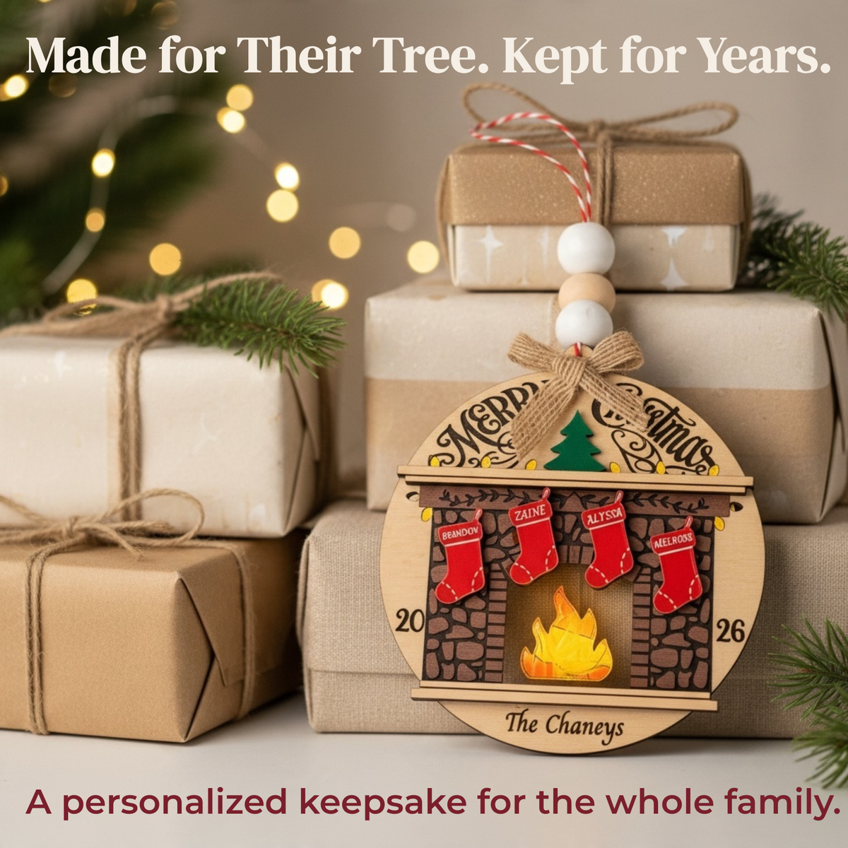 Personalized Light-Up Family Fireplace Christmas Ornament