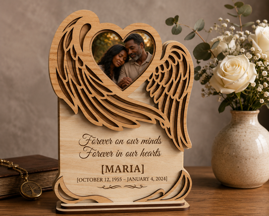 Personalized Memorial Photo Plaque – Angel Wing Remembrance Keepsake